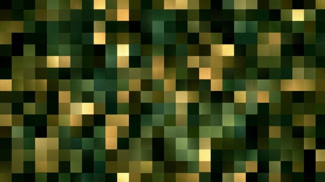 Abstract Pixelated Mosaic Background in Shades of Green and Gold with Metallic Texture