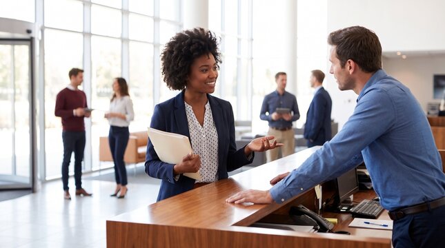 Diverse business professionals interacting at a modern office reception desk