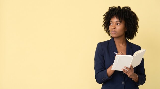 Focused businesswoman with curly hair writing in a notebook while looking away against a plain yellow background