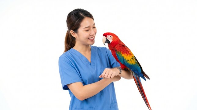 Veterinarian in blue scrubs smiling at a colorful Scarlet Macaw parrot perched on her arm on white background