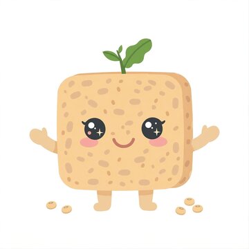  Cute kawai tempeh character smiling happy vegan protein isolated