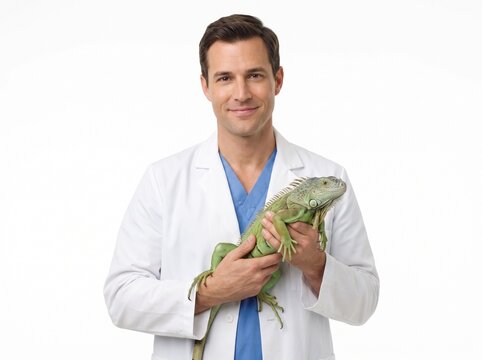Veterinarian in white coat holding a green iguana with a friendly smile on white background
