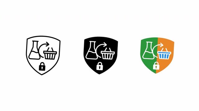 Shield icon with beaker and paw print expanding in size with color variations