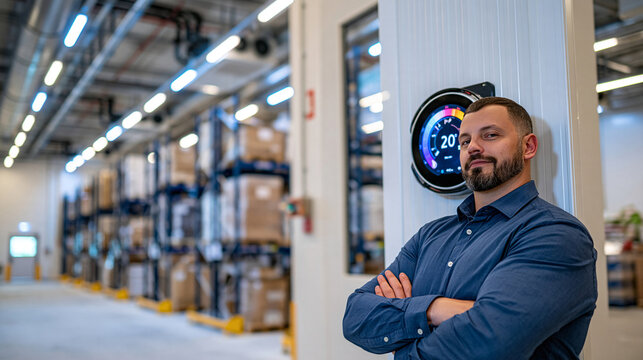 Modern frozen storage logistics warehouse with a smart temperature control panel mounted on a clean industrial wall, tall refrigerated storage racks extending into the background, cool white LED lig