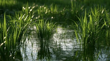 Obraz premium Lush green rice sprouts growing in a flooded paddy field under bright sunlight