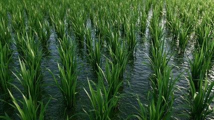 Fototapeta premium Vibrant green rice seedlings growing in a flooded paddy field
