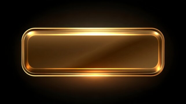 Glowing Golden Rectangular Metallic Frame or Button on Black Background
