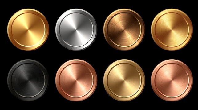 Set of Round Metallic Buttons in Gold, Silver, Bronze, and Copper with Radial Texture on Black Background