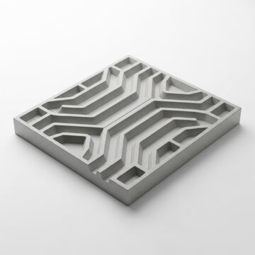 A complex three-dimensional maze structure with intricate pathways and obstacles isolated on transparent background