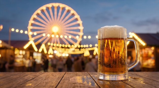 Fresh cold beer mug at a funfair carnival festival at night with glowing lights and Ferris wheel
