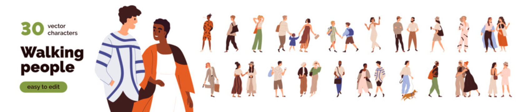 Walking people set. Diverse male, female and kid characters going on street. Happy families, couples, friends, men and women strolling outdoors. Flat vector illustration isolated on white background