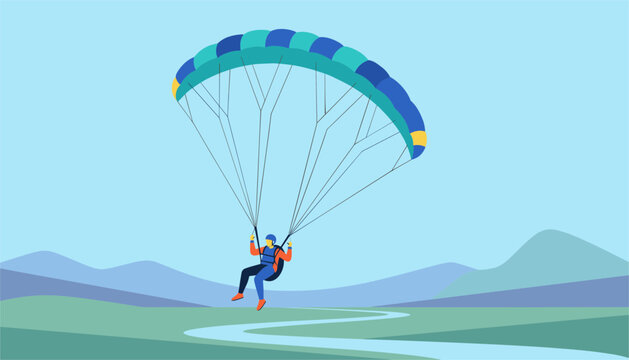 Paraglider in a blue and orange suit flies under a large blue striped parachute above a green landscape and river.