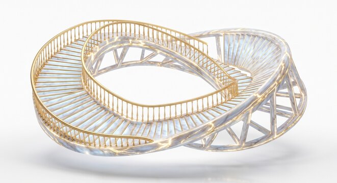 3D render of an impossible architectural staircase shaped like a twisted Mobius strip made of glowing translucent marble and luminescent gold veins, isolated on a white background