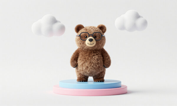 generate whimsical image smiling brown bear wearing colorful accessories standing centered pale blue