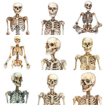Collection of watercolor skeletons in various poses against a black background