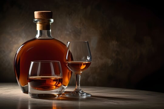 A bottle of amber cognac with two filled glasses a short glass and a stemmed glass-stands on a reflective surface against a dark textured background. Cognac Day