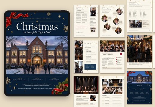 School Christmas Digital Magazine Template, Festive Newsletter & Editorial Booklet Layout for Students, Parents & School Events