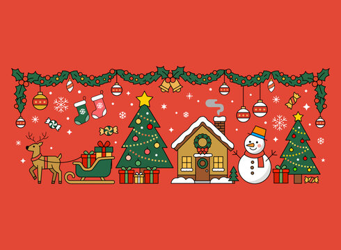 Christmas banner with festive garland, Christmas trees, ornaments, gifts, snowman and holiday house on red background