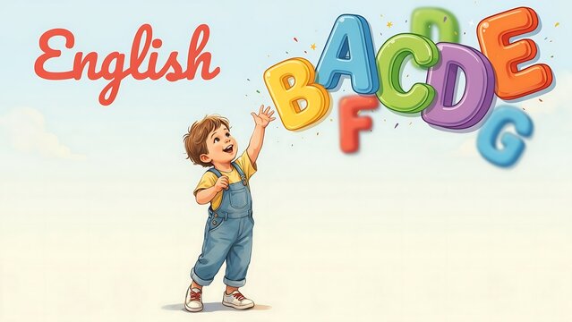 Child learning english abcde letters with colorful blocks
