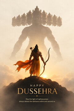 Lord rama holding bow and arrow standing heroically facing giant multiheaded ravana silhouette during sunset dussehra celebration
