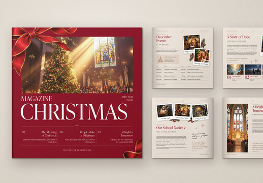 Christmas Church Magazine Template, Square Parish Newsletter & Christian Bulletin Layout for Advent and Christmas Services