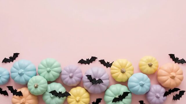 Pastel pumpkins and black bats arranged on pink background for holiday celebration