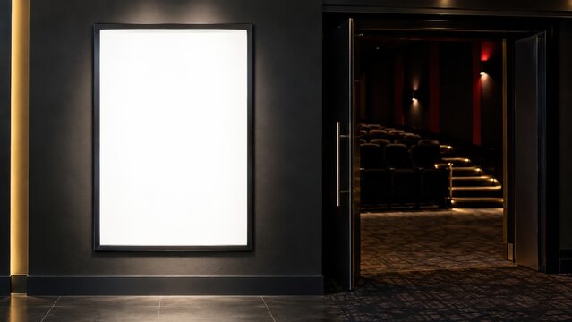 Blank Illuminated Poster Frame Beside Cinema Auditorium Entrance