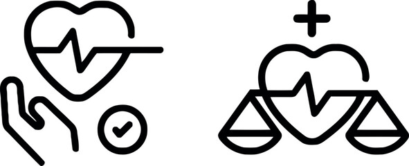 Fototapeta premium Medical Law and Healthcare Ethics Vector Icon Set with Heartbeat, Hand, Checkmark, and Justice Scales Symbols for Medical Insurance and Regulatory Designs