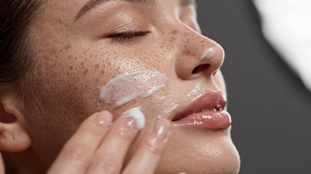 Freckled woman applying hydrating moisturizer cream onto cheekbones during routine facial wellness