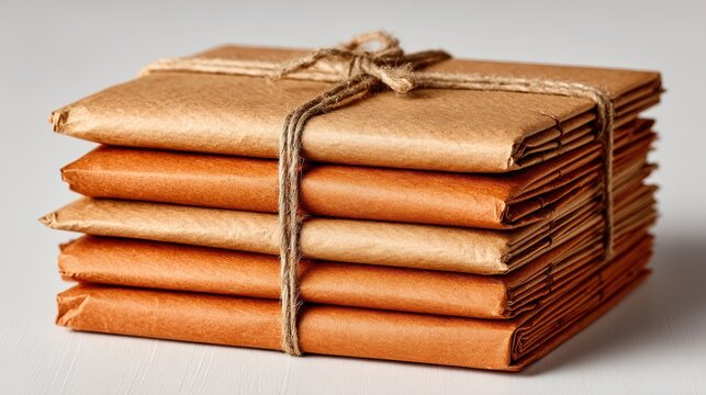 A stack of brown paper-wrapped items is securely tied with rustic twine. This photo suggests old documents, legal files, or vintage delivery parcels.