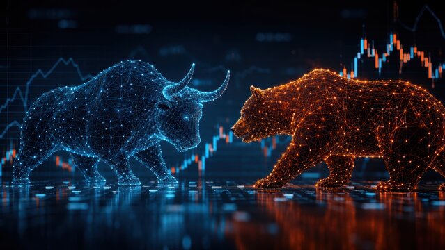 economic growth sustainability. Digital representations of bull and bear facing off with stock market charts in the background.