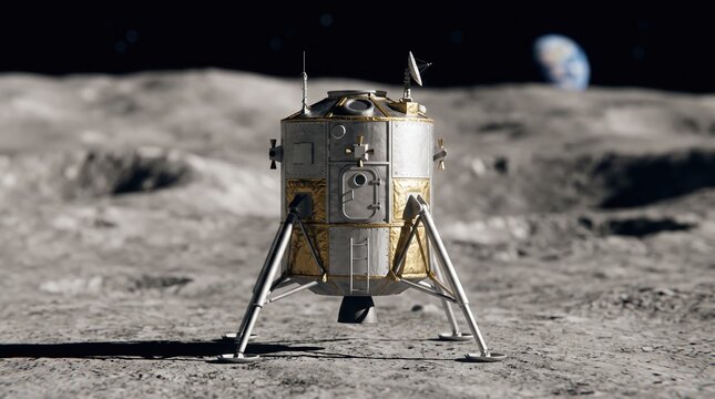 Lunar module on desolate moon surface with Earth