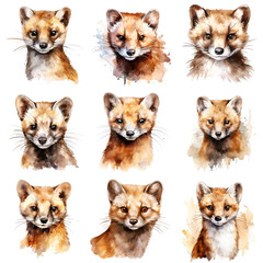 Obraz premium Watercolor painting featuring a collection of nine fox portraits on a black background