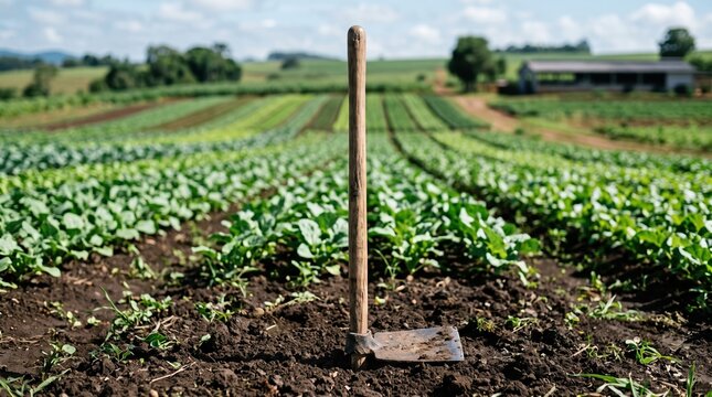 Agricultural Hoe Tool in a Vibrant Crop Field