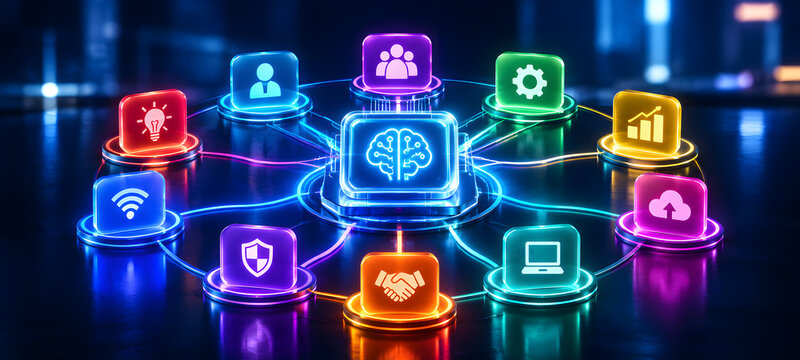 Central AI Chip Processor Connected to Business Operations and Management Icons


