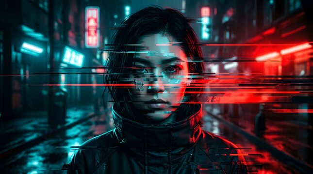 Cyberpunk woman with futuristic digital face mask