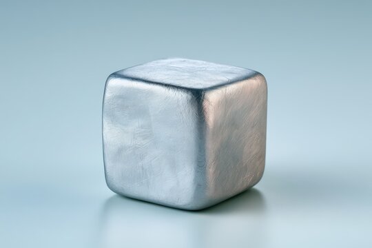 Brushed Silver Metal Cube Studio Macro Photo on Blue Background