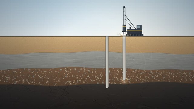 Pile Foundation Driving Piles to Bedrock Cross Section Animation