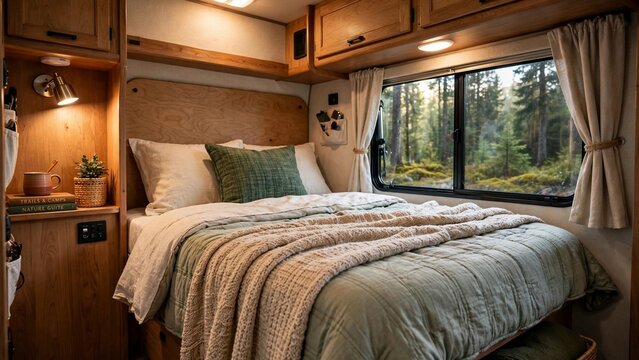 Cozy bed interior inside camper van with window view of forest