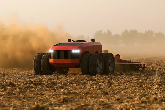 Autonomous tractor working in a dry field using smart technology for modern farming agriculture