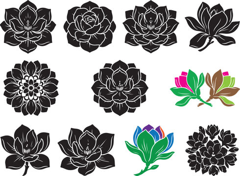 Set of black floral silhouettes and one colorful flower icon on white background