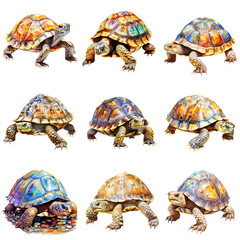 Fototapeta premium Collage showcases nine sulcata tortoises with unique shells against a black background