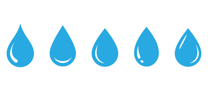 Blue Water Drop Icon Set. Water and Oil Drop Shapes, Liquid Drops in Flat Style. Isolated on Transparent Background. Vector Illustration.
