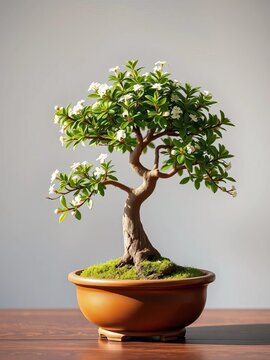 Serene bonsai tree in brown pot with green leaves and tiny flowers, still, quiet