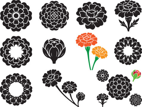 Marigold flower icons set featuring black silhouettes and orange floral elements