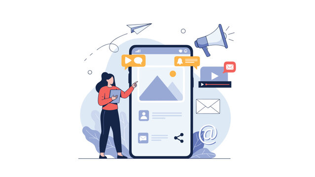 Content creation and digital marketing concept with a creative woman managing social media campaigns on a mobile screen.