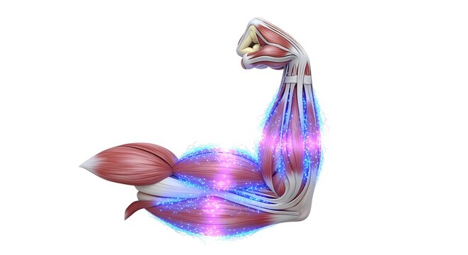 A 3D render of a bicep muscle flexing, with glowing calcium ions flowing along its fibers like tiny sparks of electricity. Isolated on white.