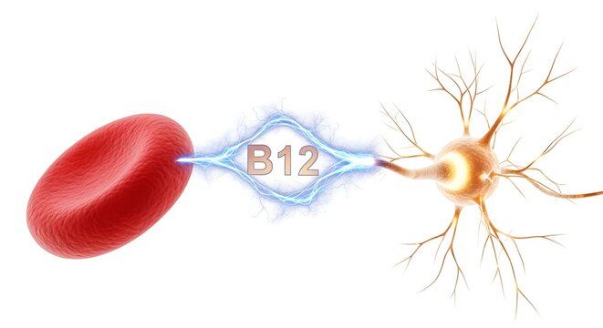 A 3D render of a vibrant red blood cell and a glowing nerve cell connected by a spark of energy labeled 'B12', floating on a pure white background.