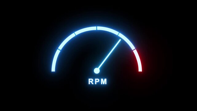 Futuristic Neon RPM Gauge with Glowing Blue and Red Indicator, Digital Engine Speed Meter and Automotive Performance Display on Black Background. 4k video alpha overlay