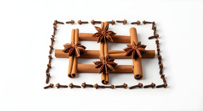 A collection of whole spices: cinnamon sticks, star anise, and cloves, artistically arranged in a geometric pattern on a white backdrop.